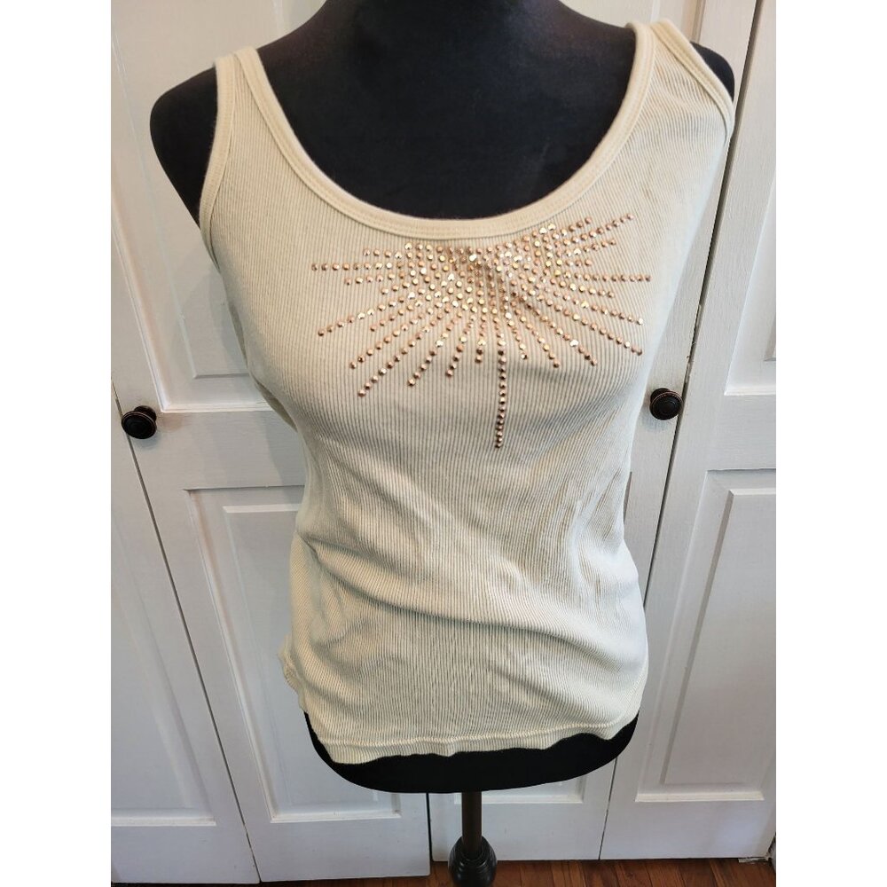 4/$19 Vintge y2k Ribbed Ivory Studded Tank Faded Glory sz M Boho Festival Glam
